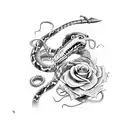 sword with snake wrapped around with mouth open and roses around tattoo design idea