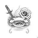 sword with snake wrapped around with mouth open and roses around tattoo design idea
