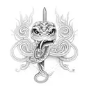 sword with snake wrapped around with mouth open and roses around tattoo design idea