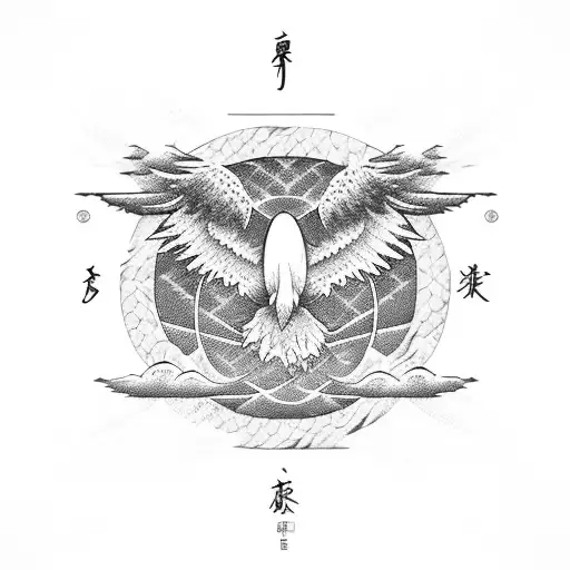 ocean waves with eagle wings and Japanese symbols tattoo design idea