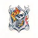 two skeleton hands holding with fire burning tattoo design idea