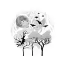 Moonlit forest with bats flying among the trees tattoo design idea