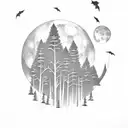 Moonlit forest with bats flying among the trees tattoo design idea