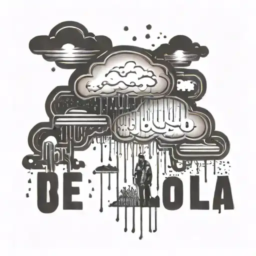 a cloud with rain underneath a man with an uberlla and sign written smile  tattoo design idea