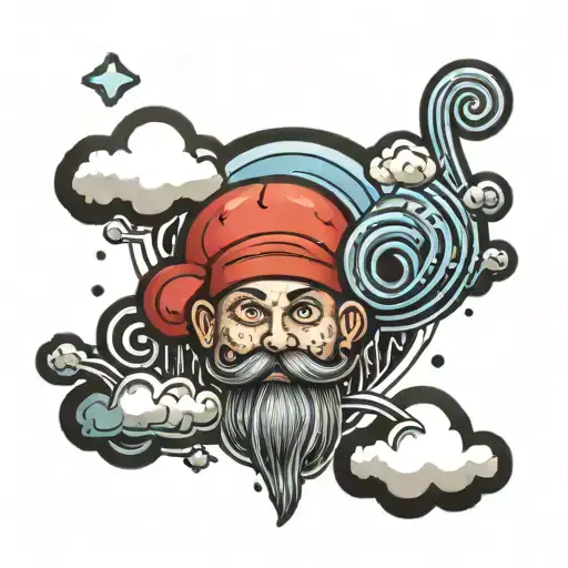 a cloud with rain underneath a man with an uberlla and sign written smile  tattoo design idea