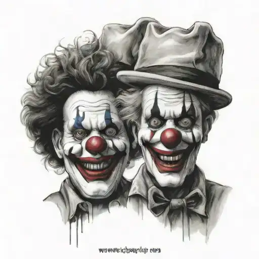 clown with 2 face's one happy one sad, but him keep his face's in his hands and his face on him is faceless tattoo design idea