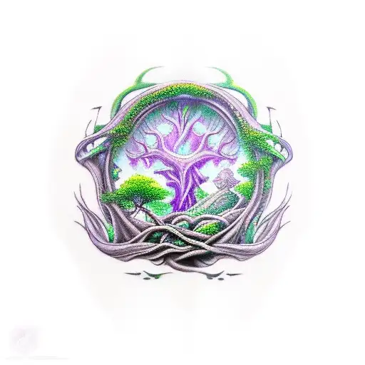 sleeve tatto, Yggdrasil, gods, 3d, purple, green tattoo design idea