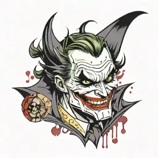 batman riping a joker card deck and smiling with blood tattoo design idea