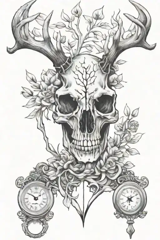 Australian bush, deer skull, hour glass, number 11, the name Saige 30-07-2018 tattoo design idea