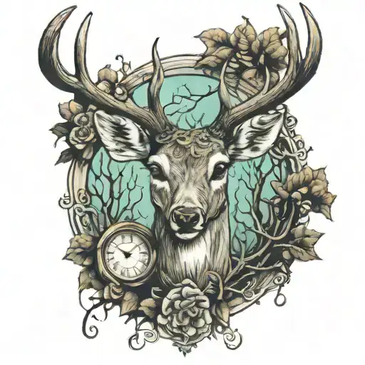 dead deer head hour glass gum tree tattoo design idea