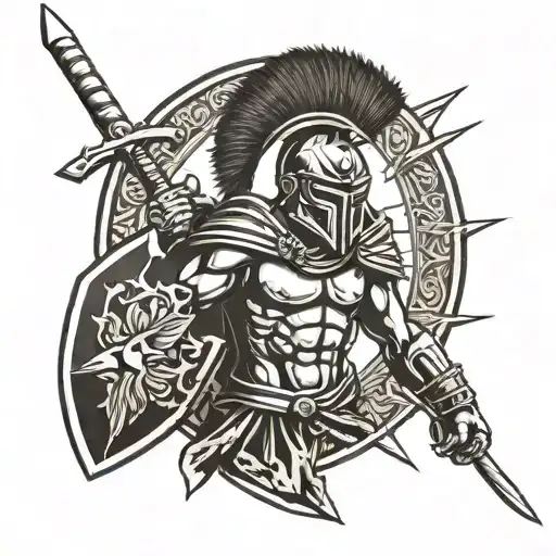 spartan warrior with sword and shield tattoo design idea
