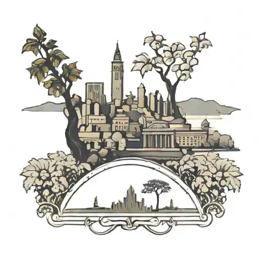 A silhouette of the DC skyline framed by Italian vineyards and ancient Egyptian hieroglyphs tattoo design idea