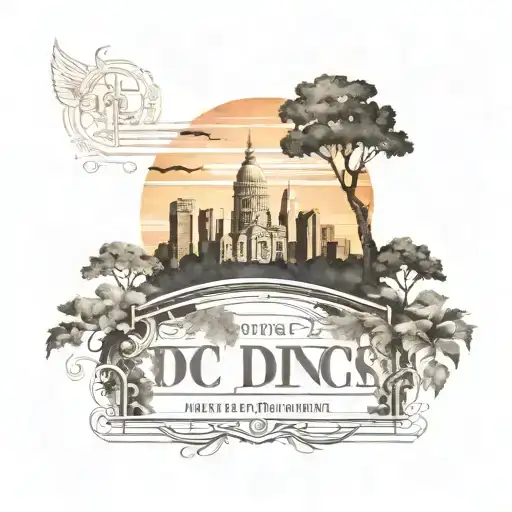 A silhouette of the DC skyline framed by Italian vineyards and ancient Egyptian hieroglyphs tattoo design idea
