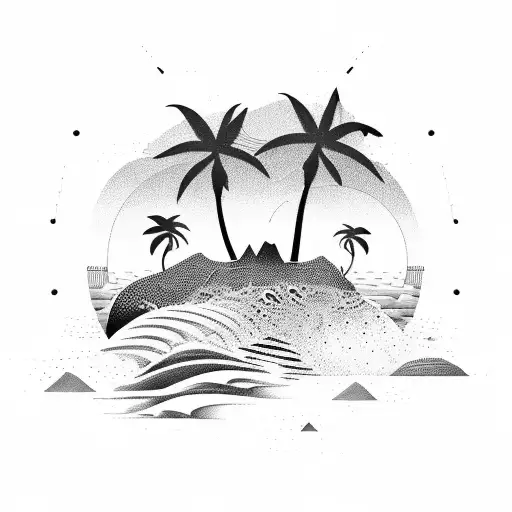 An abstract design incorporating elements of hiking trails, ocean waves, palm trees, and mountain bike gears tattoo design idea