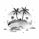 An abstract design incorporating elements of hiking trails, ocean waves, palm trees, and mountain bike gears tattoo design idea