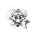 An abstract design incorporating elements of hiking trails, ocean waves, palm trees, and mountain bike gears tattoo design idea