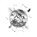 An abstract design incorporating elements of hiking trails, ocean waves, palm trees, and mountain bike gears tattoo design idea