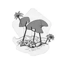 An abstract design incorporating elements of hiking trails, ocean waves, palm trees, and mountain bike gears tattoo design idea