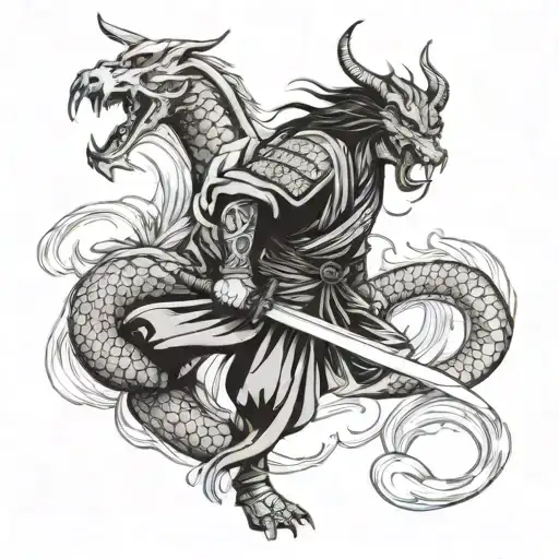 Samurai with katana fighting dragon tattoo design idea