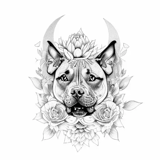 pit bull type dog, peonies, forest, wildlife, bat, moon phases, half sleeve tattoo design idea