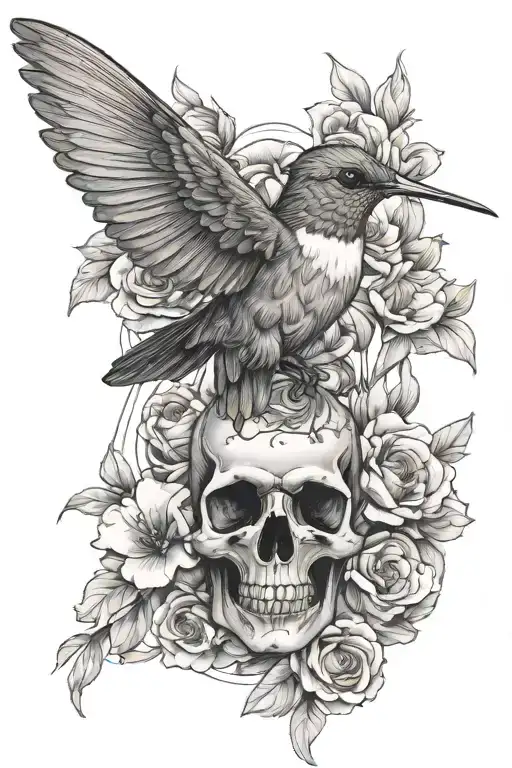 A hummingbird surrounded by blooming flowers, with a skull hidden in the background tattoo design idea