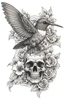 A hummingbird surrounded by blooming flowers, with a skull hidden in the background tattoo design idea