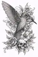 A hummingbird surrounded by blooming flowers, with a skull hidden in the background tattoo design idea