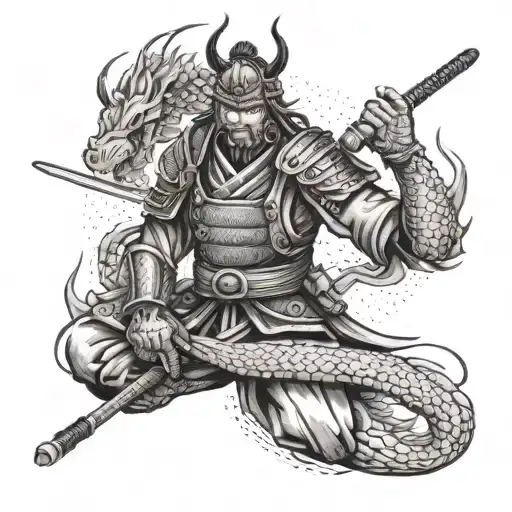 A samurai warrior in full armor with a dragon coiled around him tattoo design idea