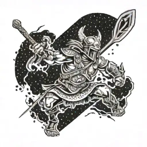 A traditional warrior swinging a fraternity paddle in a fierce battle scene tattoo design idea