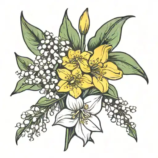 A minimalist design of a bouquet of the client's favorite flowers - Lily of the Valley, larkspur, and daffodil tattoo design idea