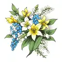 A minimalist design of a bouquet of the client's favorite flowers - Lily of the Valley, larkspur, and daffodil tattoo design idea