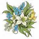 A minimalist design of a bouquet of the client's favorite flowers - Lily of the Valley, larkspur, and daffodil tattoo design idea