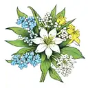 A minimalist design of a bouquet of the client's favorite flowers - Lily of the Valley, larkspur, and daffodil tattoo design idea