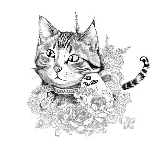 A whimsical design featuring a cat dressed as an anime character surrounded by flowers tattoo design idea