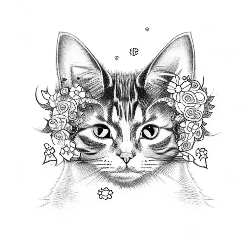 A whimsical design featuring a cat dressed as an anime character surrounded by flowers tattoo design idea
