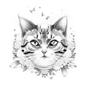 A whimsical design featuring a cat dressed as an anime character surrounded by flowers tattoo design idea