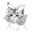 A whimsical design featuring a cat dressed as an anime character surrounded by flowers tattoo design idea