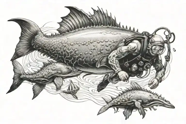 A diver being pursued by a sea creature tattoo design idea