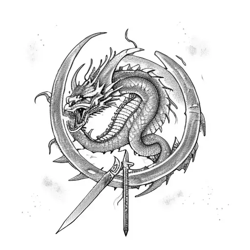 ancient sword with battle worn dragon wrapped around it breathing fire tattoo design idea
