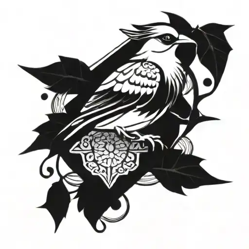 A stylized blackwork tattoo of a Carcará bird perched on a branch with Nordeste elements tattoo design idea