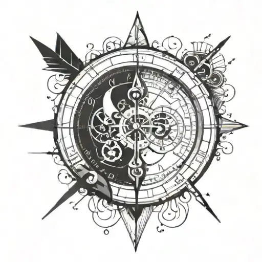 A geometric design of a clock face split in half, with one side showing the time 12 and the other side showing 6, with a compass and arrow intersecting in the middle tattoo design idea