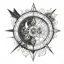 A geometric design of a clock face split in half, with one side showing the time 12 and the other side showing 6, with a compass and arrow intersecting in the middle tattoo design idea