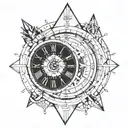 A geometric design of a clock face split in half, with one side showing the time 12 and the other side showing 6, with a compass and arrow intersecting in the middle tattoo design idea