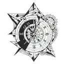 A geometric design of a clock face split in half, with one side showing the time 12 and the other side showing 6, with a compass and arrow intersecting in the middle tattoo design idea