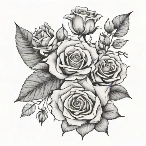 Roses, eucalyptus, gypsophila and lisianthus tattoo design idea