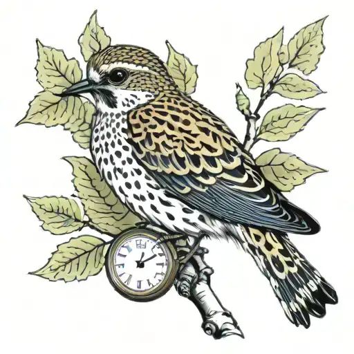 European golden plover sitting on a branch of a birch, small pocketwatch showing 10:26,  tattoo design idea