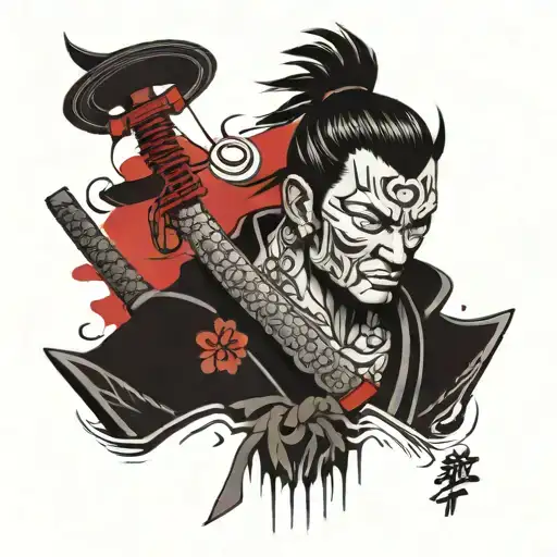 Cyberpunk Samurai Style Tattoo with Japanese Characters tattoo design idea