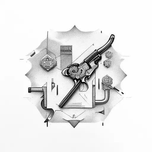Vintage revolver surrounded by construction tools tattoo design idea