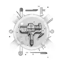 Vintage revolver surrounded by construction tools tattoo design idea