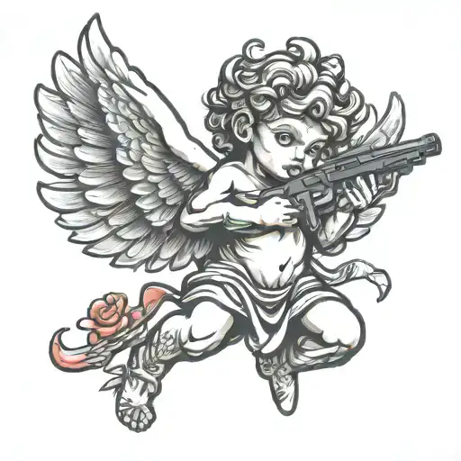 cupid with wings and uzi gun in hand tattoo design idea